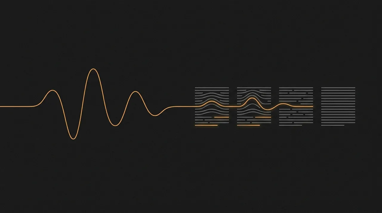 A single amber voice-signature waveform reshaping nearby gray text blocks to match its cadence.