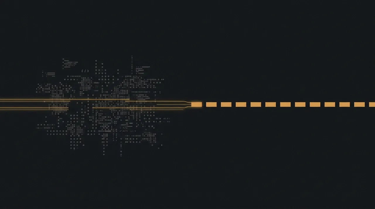 Dense raw source material refined through processing lines into an evenly spaced publishing rhythm of amber blocks.