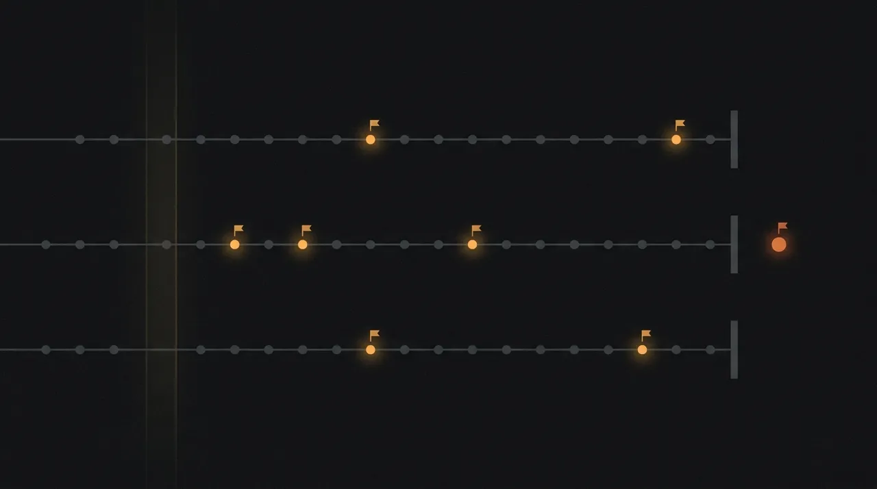 Three parallel market timelines with progress dots, amber risk flags, one breached deadline marker, and a review scan line.