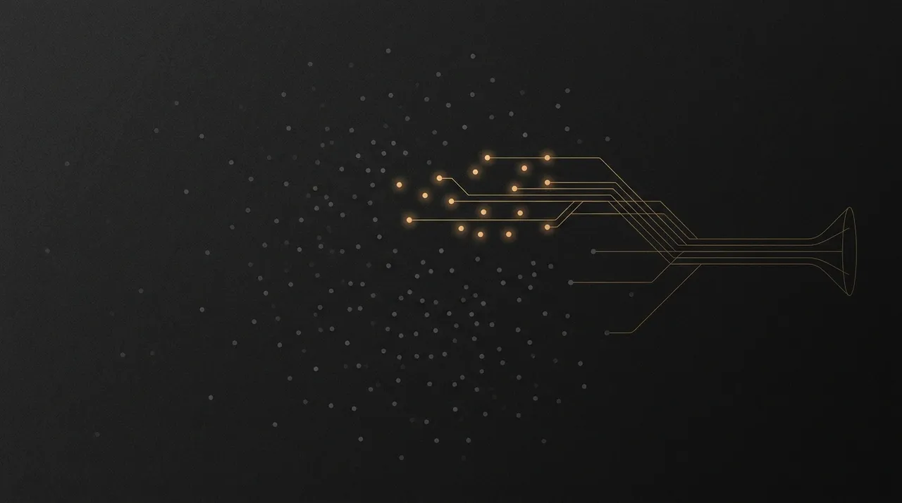 A market of dim gray dots, a few glowing amber and connected by lines that converge into a single pipeline.