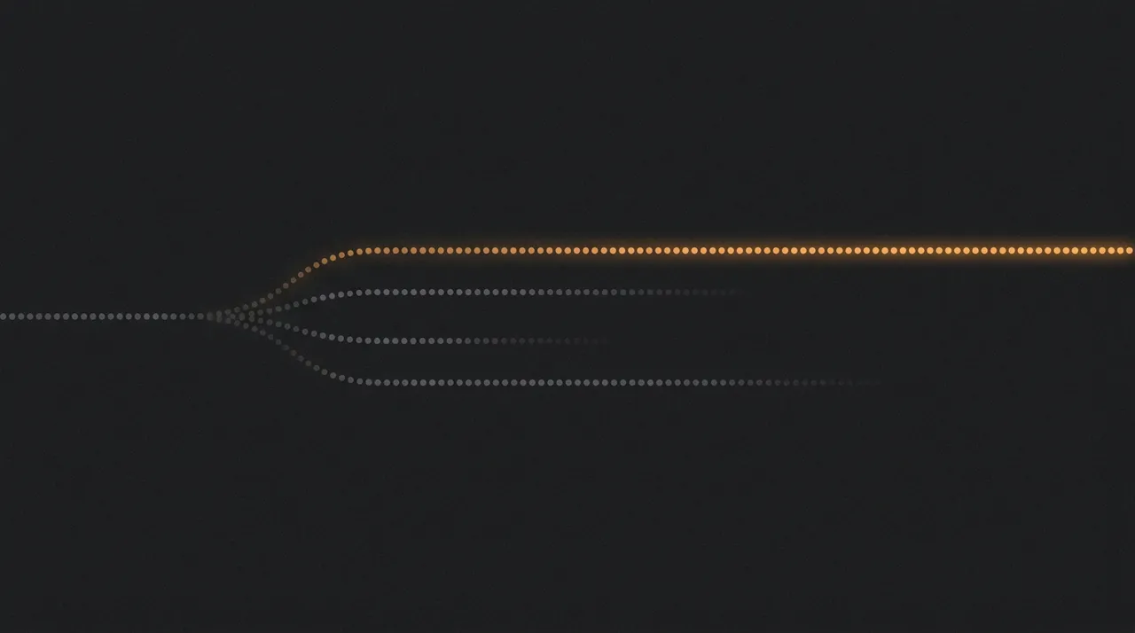 A stream of dots splitting into four channels, three fading out and one amber channel continuing.