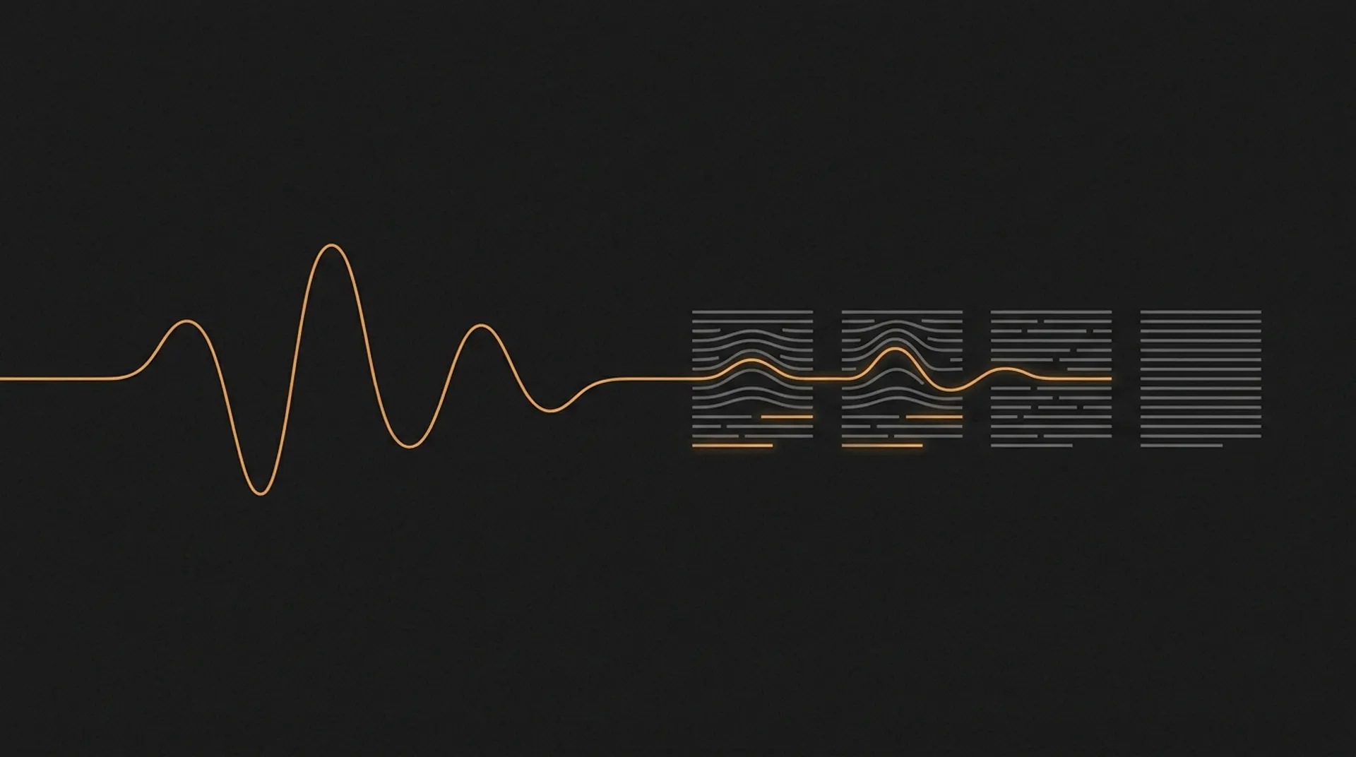 A single amber voice-signature waveform reshaping nearby gray text blocks to match its cadence.