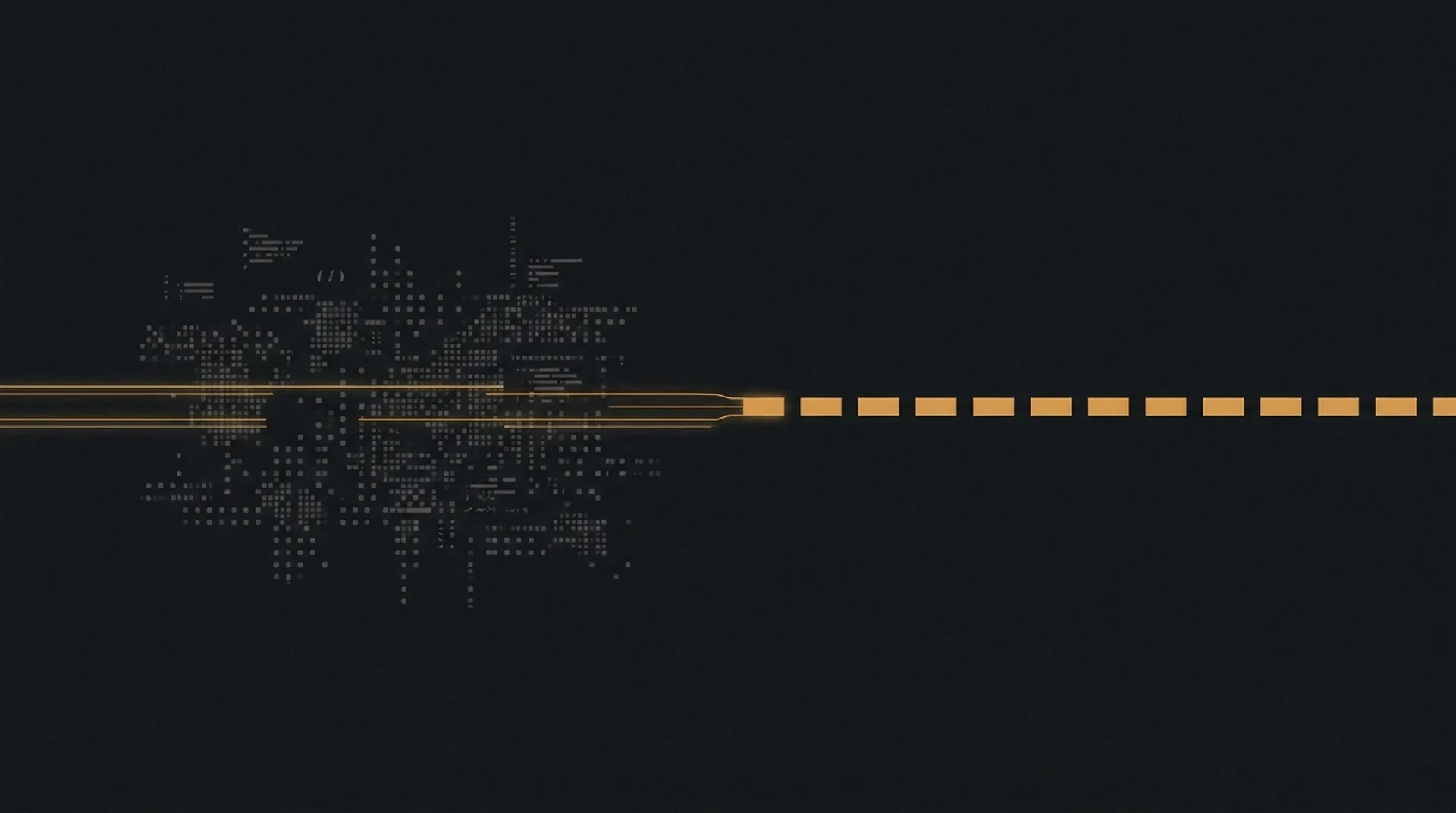 Dense raw source material refined through processing lines into an evenly spaced publishing rhythm of amber blocks.