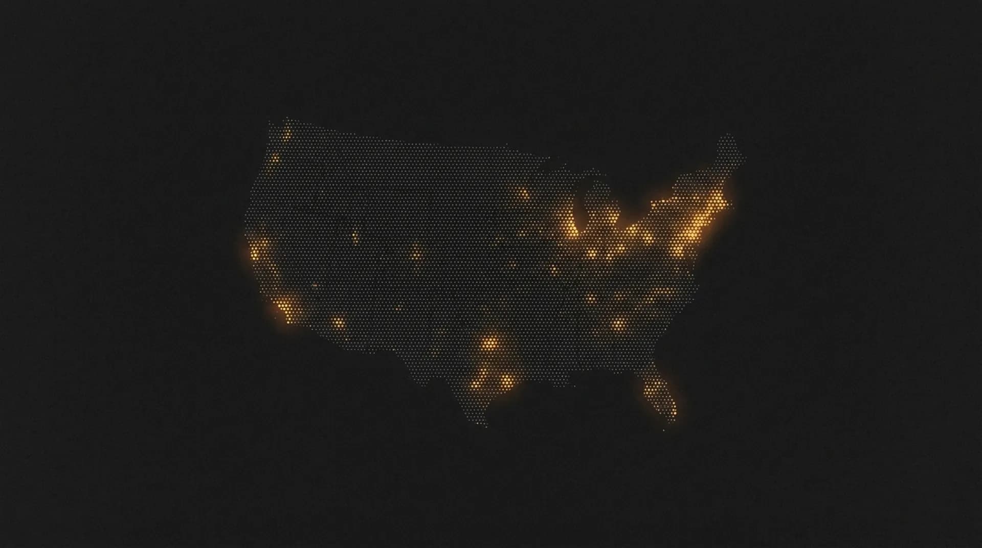 A dot-density map of the United States, with amber clusters marking regional concentrations of firms.