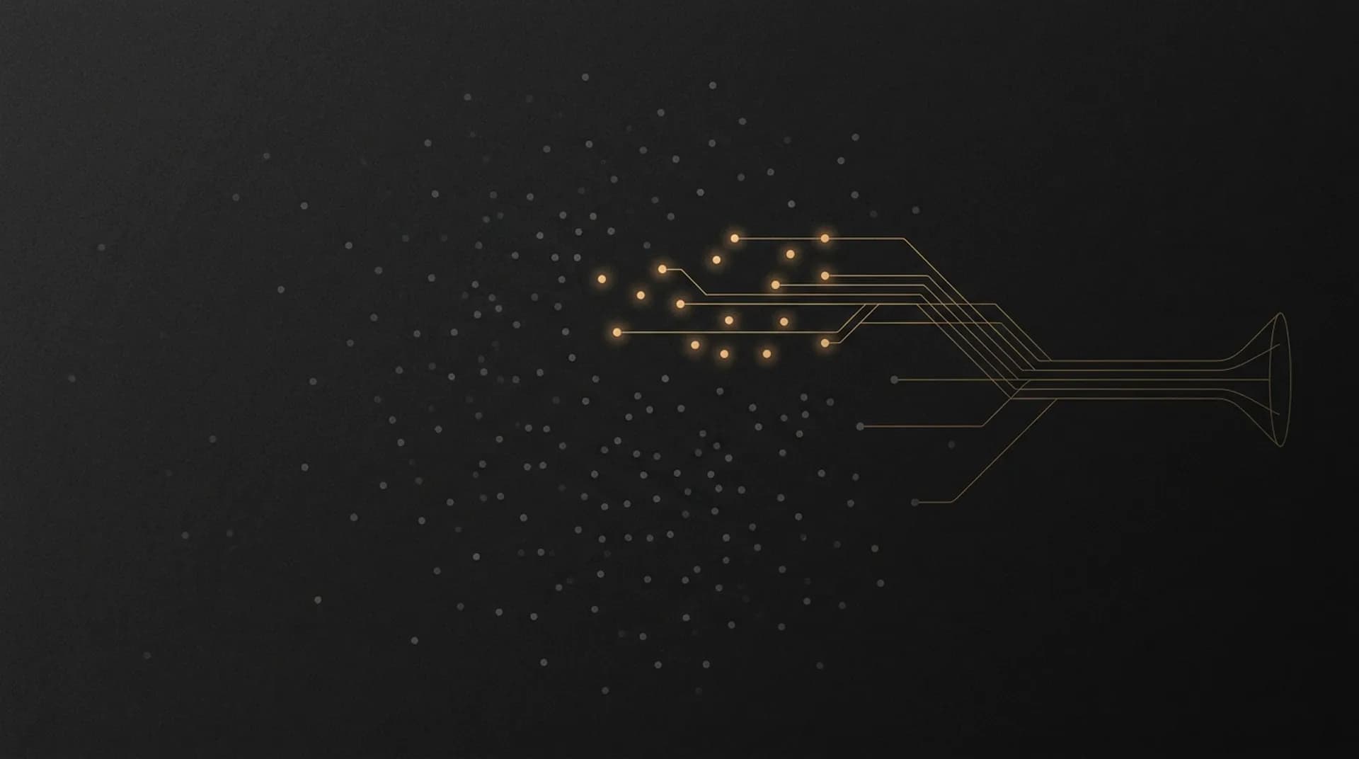 A market of dim gray dots, a few glowing amber and connected by lines that converge into a single pipeline.