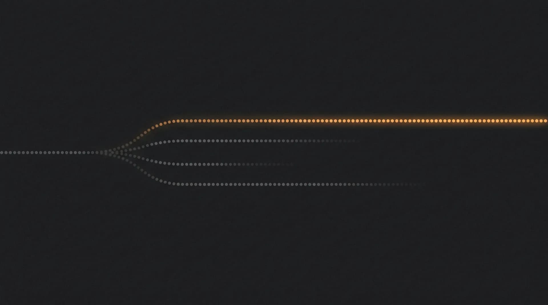 A stream of dots splitting into four channels, three fading out and one amber channel continuing.