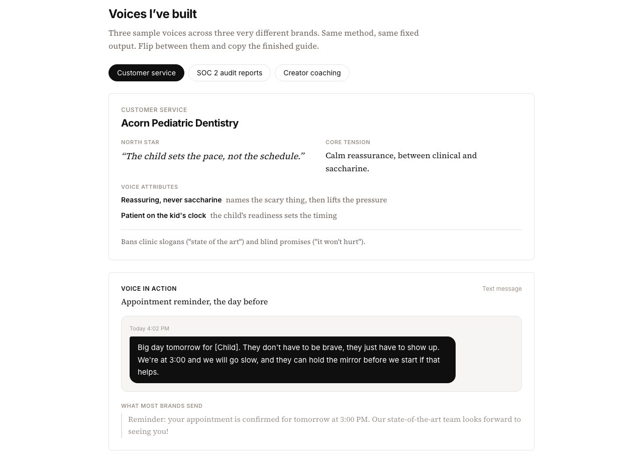 The live voice gallery: a generated voice card and the same voice rewriting a real appointment reminder.